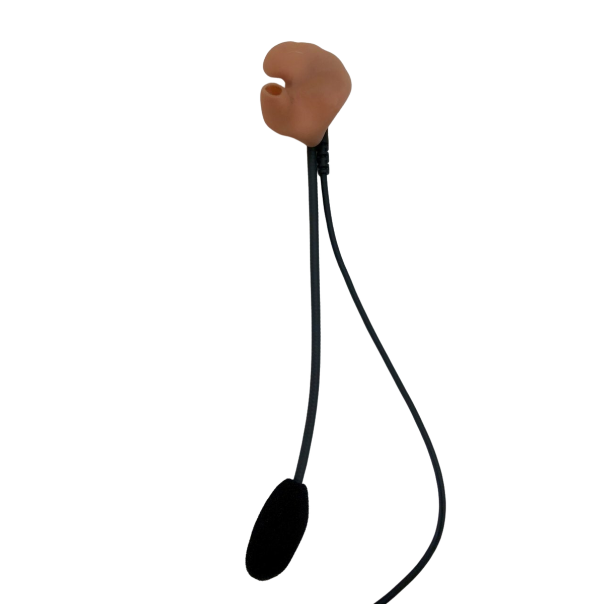 A black neck strap headset with a flesh-toned molded earpiece and a black oval foam-covered control module, shown on a plain white background.