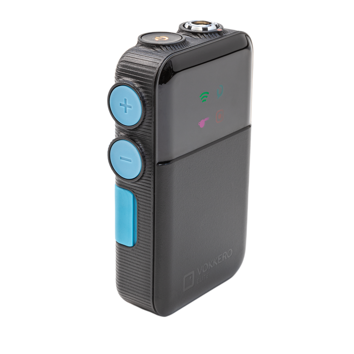 A black VOKKERO ELITE portable radio with textured side buttons in light blue, featuring a glossy front panel with LED indicators, shown on a white background.